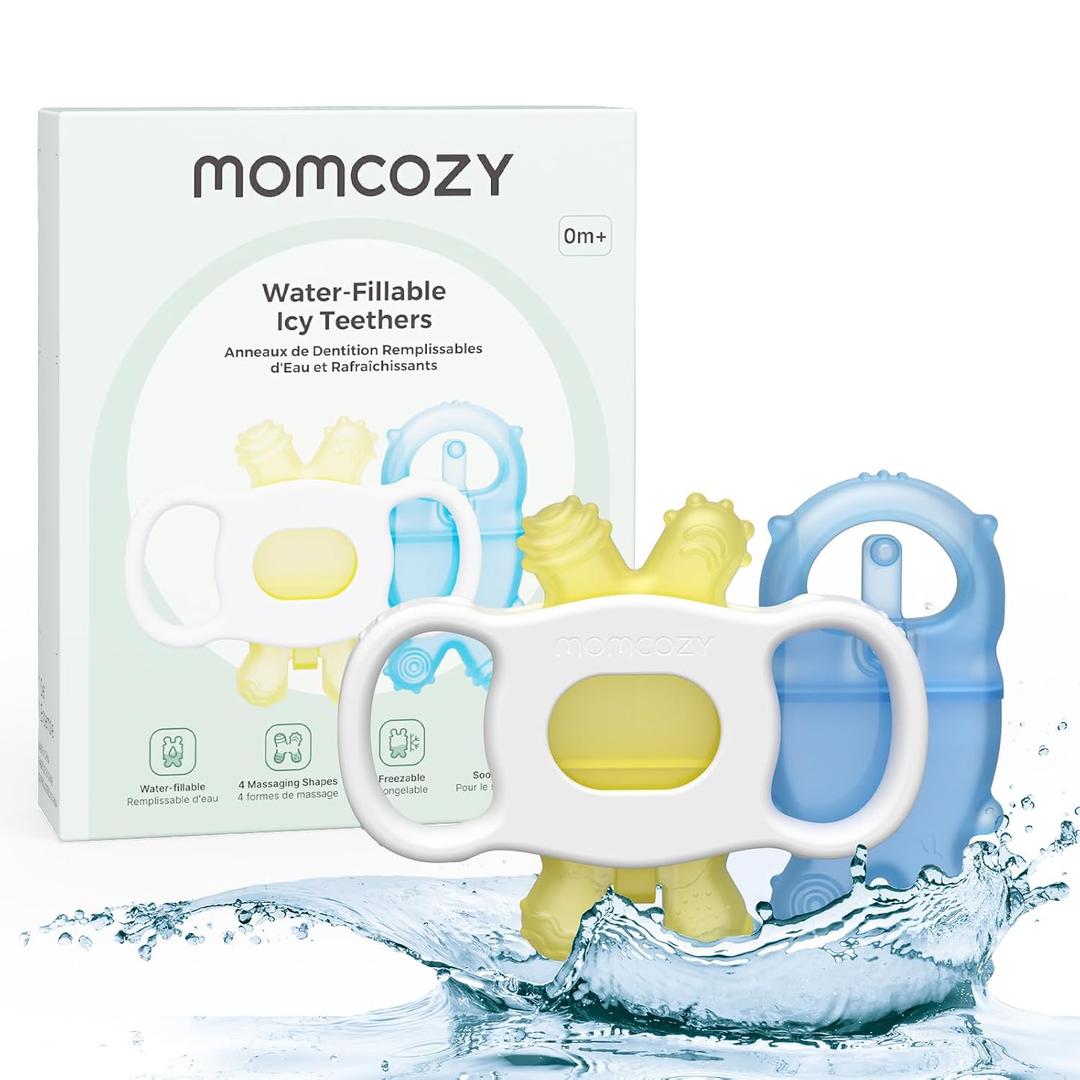 Momcozy Baby Teether Toys | Food Grade Silicone Teething Relief 0-6 Months | Toy 6-12 Months | Baby Essential | Yellow and Blue