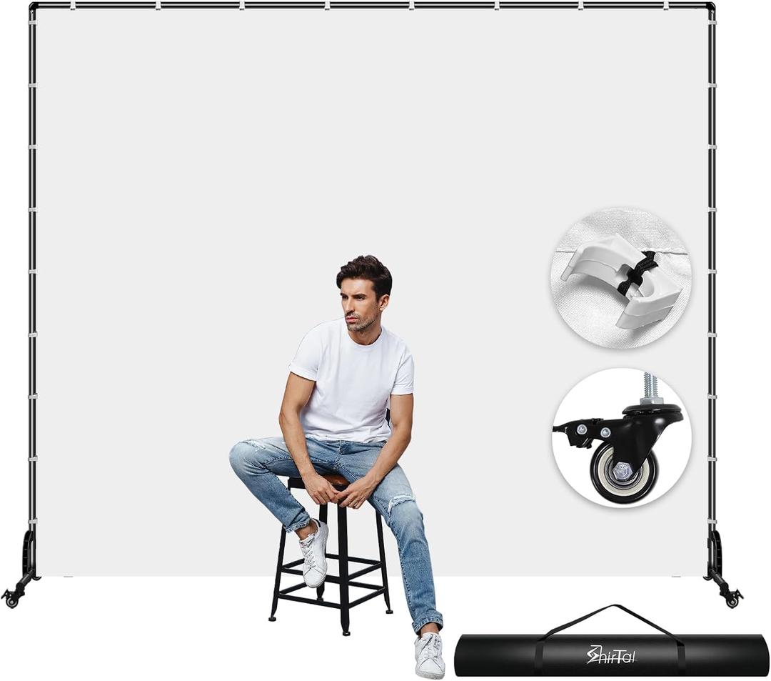 7x6.5ft Movable Backdrop Stand With White Screen and Wheels - Photography Background Stand for Photoshoot, Studio Video Recording, Events, Streaming