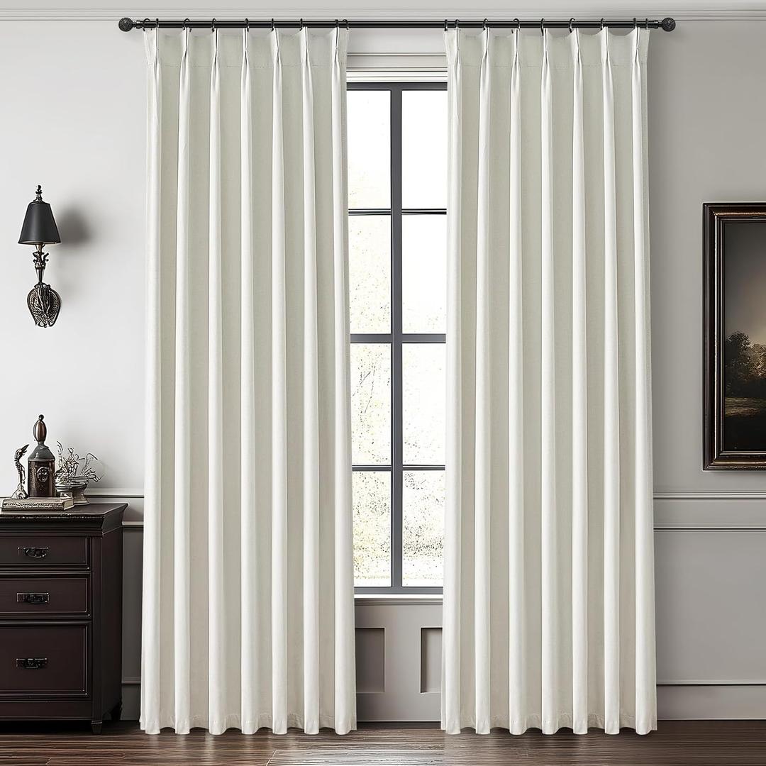QJmydeco Beige White Linen Full Blackout Curtains 84 Inches Long, Viral Pinch Pleated Curtains with Hooks Thermal Insulated Boho Drapes for Living Room/Bedroom Window Treatment (40" Wx84 Lx2 Panels)