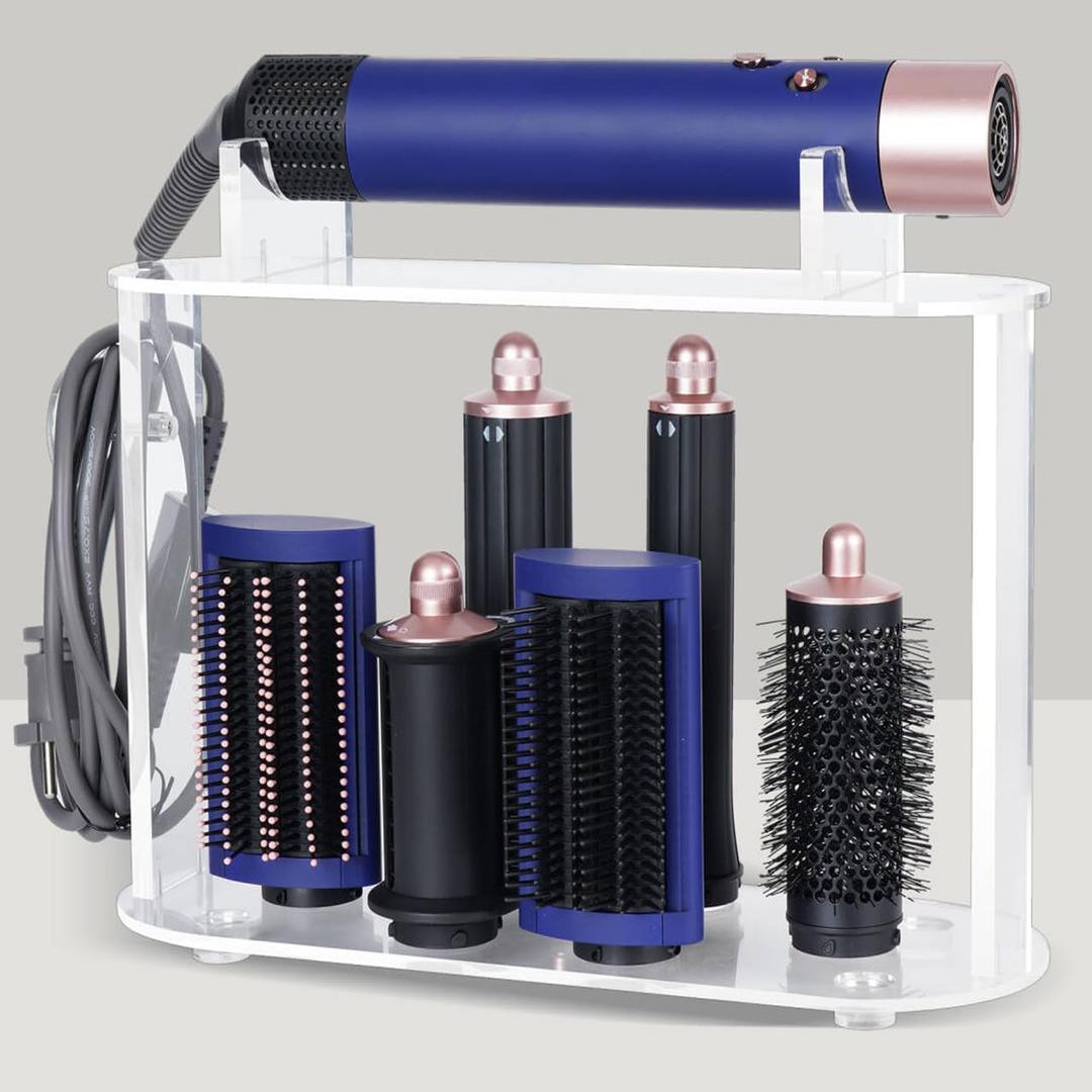 Acrylic Storage Holder Compatible with Dyson Airwrap Styler Accessories with Cord Hanger, 6 Holes Stand Organizer Holder for Curlers Diffuser for Bathroom