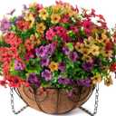 HyeFlora Artificial Faux Hanging Plants Flowers Basket for Summer Outdoor Outside Decoration, Fake Silk UV Sun Resistant Look Real Colorful Daisy Eucalyptus for Porch Home Patio Balcony Yard