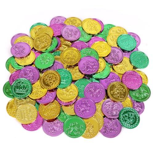 CCINEE 144Pcs Mardi Gras Plastic Coins Bulk, Gold Purple Green Coins for Carnival Mardi Gras Throws Parade Party Table Decorations