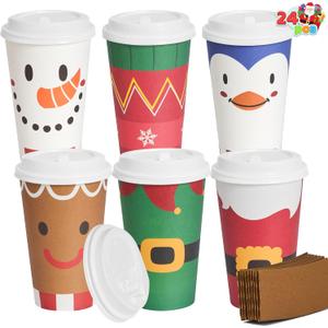 JOYIN 24 PCS Merry Christmas Disposable Paper Cups with Sleeves and Lids, 6 Designs Xmas Drinkware 16 oz, Snowflake Santa Elk Cups for Hot Coffee Cold Beverage Holiday Tableware Supplies Favors