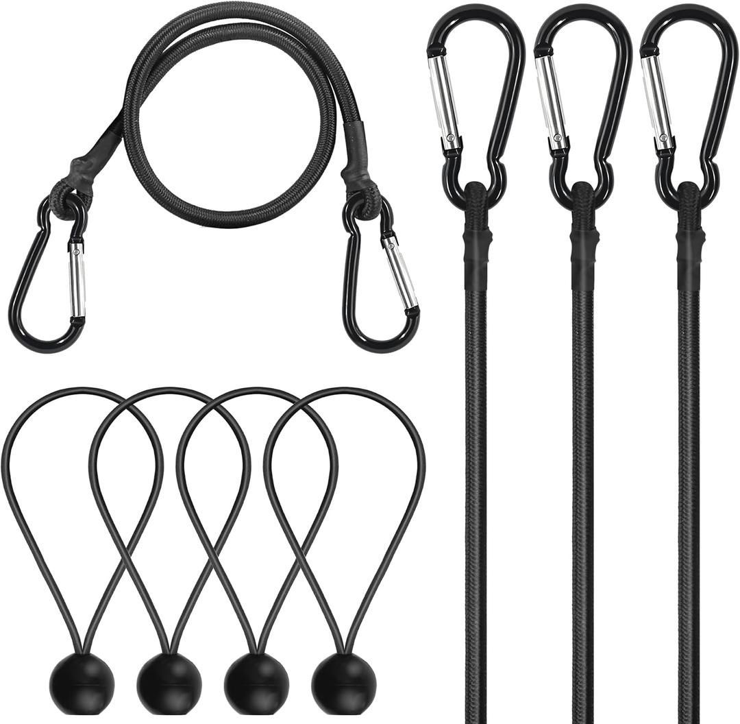 Bungee Cords with Hooks  4 Pack 24" Heavy Duty Bungee Straps with Carabiner + 4 Ball Bungee Cords 8", for Kayak, Paddle Board, Truck, Camping, Garage,Camping Accessories  Max Load 78 lbs