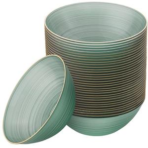 PLASTICPRO 32 Pieces Crystal Design Plastic Bowls 16 ounce Gold Rim Elegant Disposable Plates, Transparent Green