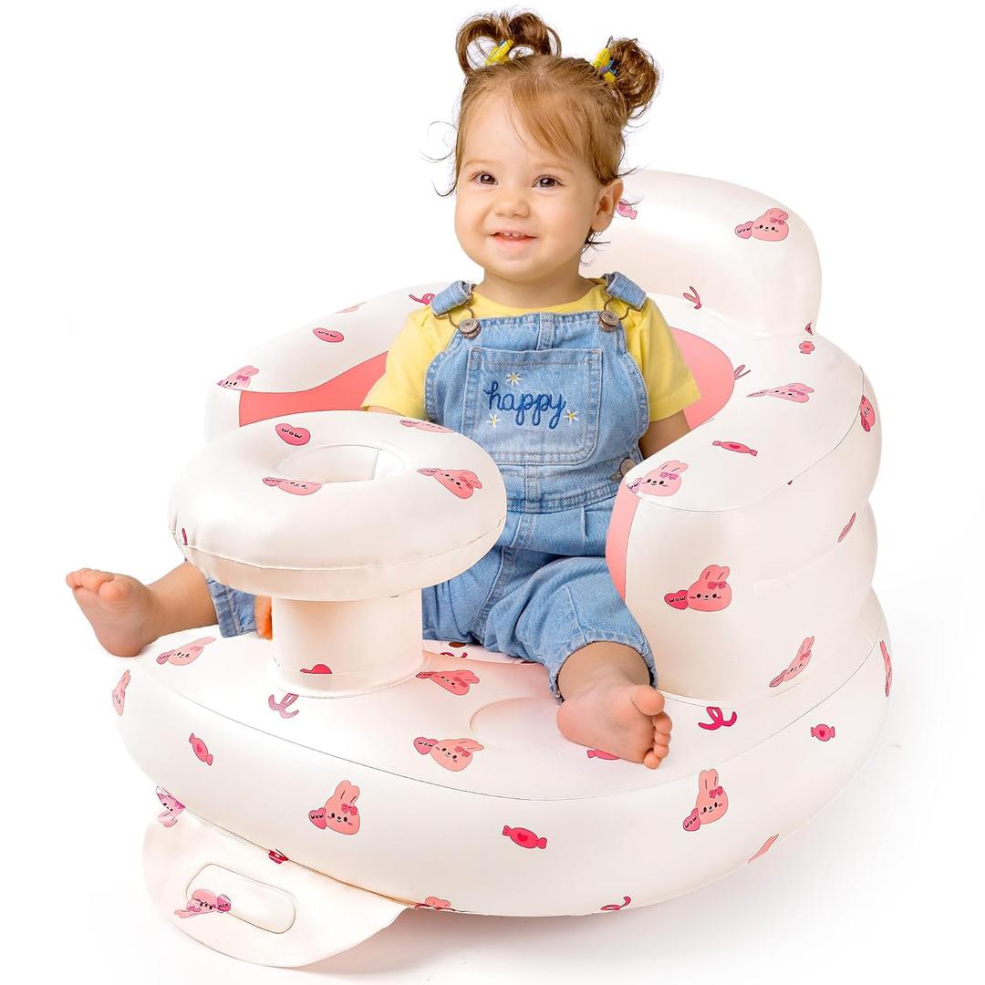 Inflatable Baby Seat for Babies 3-36 Months, Baby Chair with Tray & Built in Air Pump, Blow Up Floor Baby Seat with Back Support, Baby Chair Sit Me Up for Home, Travel (Bunny with Tray)