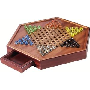 Chinese Checkers Board Game  12.6" Wooden Set with 60 Colorful Glass Marbles + 12 Extra Marbles  Classic Strategy Game for Adults & Family Fun