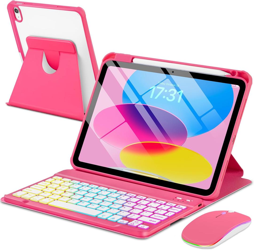 EAMPANG Case with Keyboard Mouse for iPad A16 11th 10th Generation 11/10.9 inch,Rainbow Backlit Detachable Keypad Rotatable Magnetic Cover Pencil Holder for iPad 11 2025 10 Gen 2022 Watermelon Red