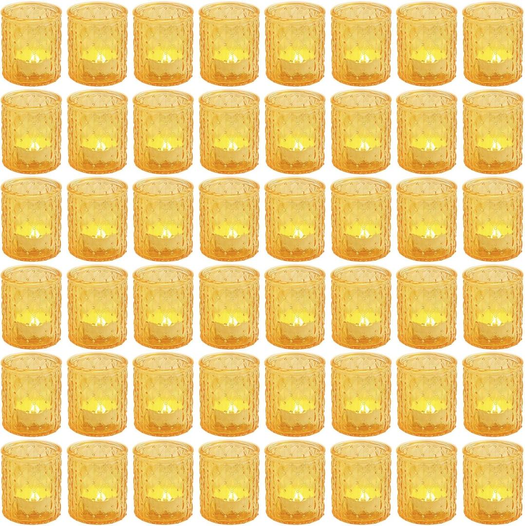 Maxdot 48 Pack Gold Glass Votive Candle Holders 2.1 x 2.6 Inch Easter Tea Light Candleholder Bulk Xmas Glass Tealight Candlestick Holders for Table Centerpiece Fireplace Home Wedding Party Decor