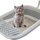 Collapsible Kitten Litter Box, 17.7 x 13.4 x 5 inch Open Cat Potty Pan with Scoop Foldable Shallow Cat Toilet Anti-Splashing Low Entrance Travel Litter Box with Falling Sand Pedal Grey