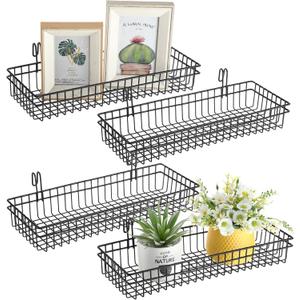 Blulu 4 Pcs 15.75 x 5.91 x 1.97 Inch Metal Grid Wall Baskets with Hooks Grid Wall Shelves Hanging Wire Basket Multi Function Storage Organizer for Kitchen Organizing Display (Black)
