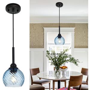 MILUCES Kitchen Pendant Lighting Over Sink 1-Light Hanging Lights for Kitchen Blue Glass Pendant Lights with Striped Swirl Glass Shade, Suit for Dining Room Bar Hallway