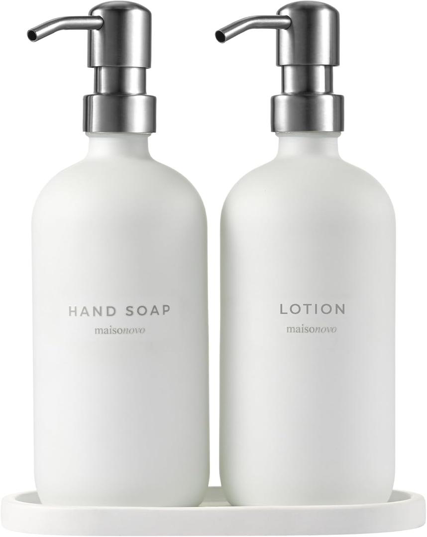MaisoNovo Soap Dispenser 3-Piece Set | 16.9oz White Bottles with Silver Stainless Steel Pumps