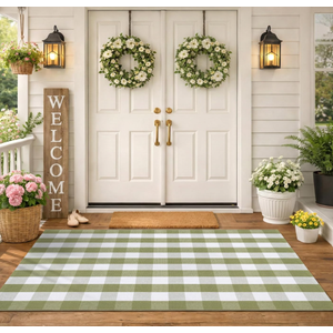Spring Green and White Plaid Rug, 3' x 5' Cotton Blend Layered Doormat Rug for Front Door, Hand-Woven Washable Entryway & Porch Decor, Green