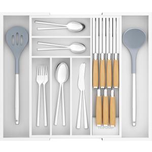 Bamboo-Silverware-Drawer-Organizer-Kitchen, Expandable Utensil Holder Cutlery Tray Flatware Organization Adjustable Wood Tableware Dividers Storage (with Removable Knife Block)(White) (Large)