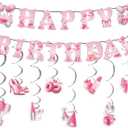 Silver Pink Bow Birthday Party Decorations,Birthday Party Supplies,Glitter Happy Birthday Banner,Silver Pink Bow Hanging Swirls Bow Themed Party Decor for Girls Women Shower Birthday Party Supplies