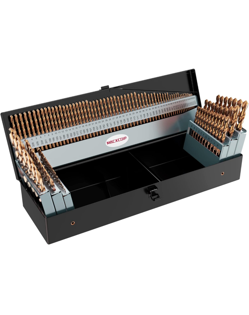 MACXCOIP Cobalt Drill Bit Set, 115Pcs M35 High Speed Steel Bits for Hardened Metals, Stainless Steel, Cast Iron and Wooden Plastics, with Metal Index Storage Box