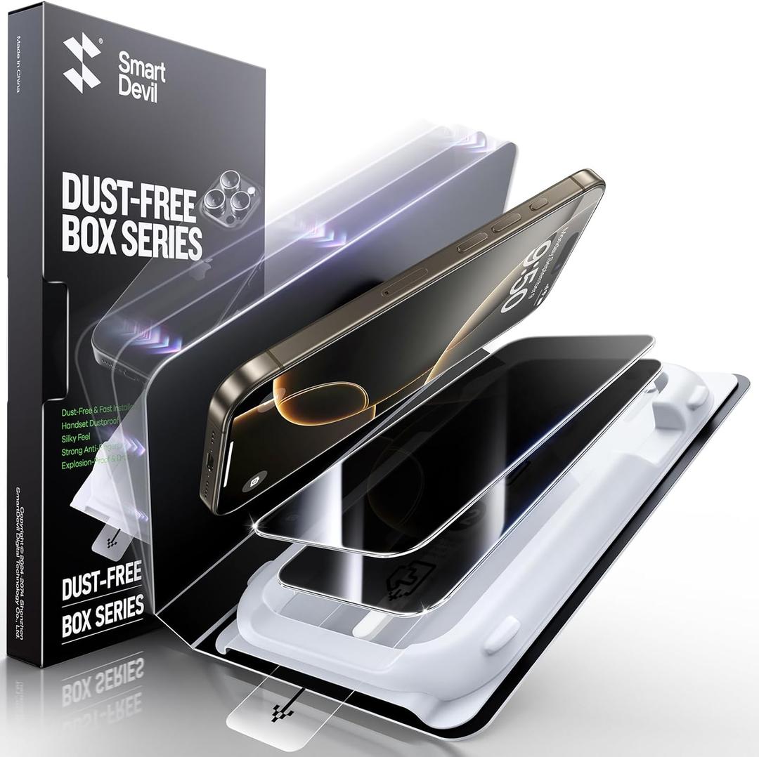 SMARTDEVIL 2 Pack Privacy Screen Protector for iPhone 16 Pro, [Anti-Spy] [Military-Grade Shatterproof & 9H Hardness] Tempered Glass, [Easy Installation] Bubble-Free & Case-Friendly, Dust-Free Box