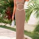 BTFBM Women Bodycon Maxi Dress Square Neck Sleeveless Contrast Binding Slit Cocktail Formal Wedding Guest Dresses 2025 (Beige, L)