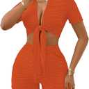 MSLG Women's Sexy 2 Piece Set Solid Summer Bodycon Suit Casual Tie Front Short Sleeve V Neck Crop Top Shorts Outfits Sets S42 (Orange) S