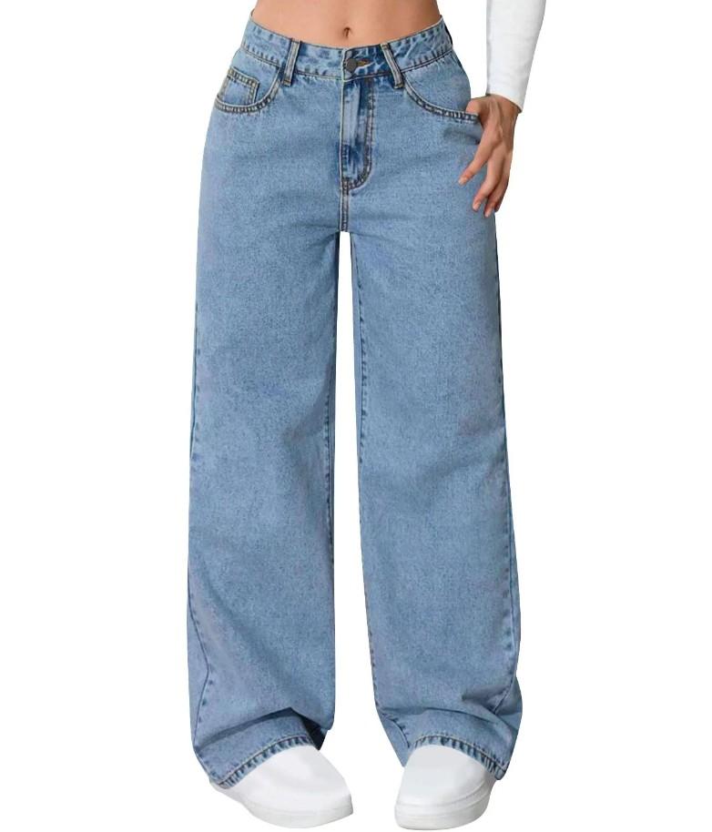 ZPIUO DENIM Straight-Leg Womens Plus Size Jeans Full Length Womens Pants Zip-Up Casual Loose with Pockets Plain Denim Jeans,Blue  Size 6