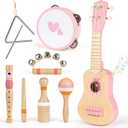 Vanplay Kids Guitar Set for Girls - Toys for 2 3 4 Year Old Girl Birthday Gifts - 7 in 1 Wooden Montessori Musical Instruments with Ukulele/Tambourine/Maracas/Flute for Toddler 2-5(Pink)