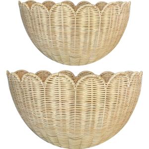 Scalloped Wall Basket，2pcs Hand Woven Hanging Wall Baskets, Wicker Wall Basket Storage，Rattan Hanging Baskets Decor for Home Bathroom Living Room Nursery-16 * 12 * 7&14 * 8 * 6in (Water Hyacinth)