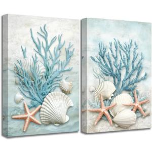 ZQQART Blue Coral Canvas Wall Art Ocean Theme Picture Wall Decor Shell Painting Starfish Prints Art Beach Bathroom Decor Framed(16.00"x24.00"x2P)