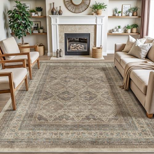 DEXI Area Rugs for Living Room, 5x8 Washable Low Pile Vintage Traditional Rug for Bedroom, Non Slip Indoor Carpet for Dining Office Nursery, Warm Taupe