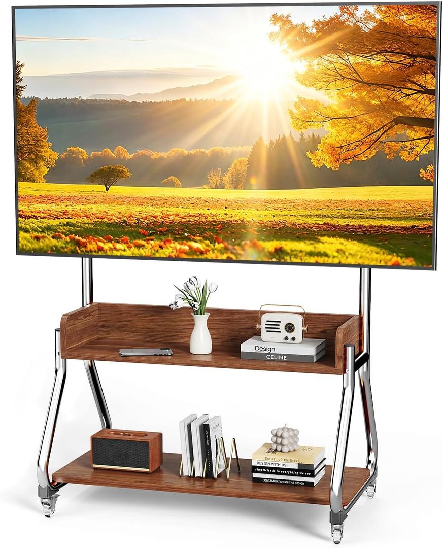 Rolling TV Stand with 2-Tier Wooden Shelf Stainless Steel Mobile TV Stand
