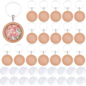 DICOSMETIC 20 Sets Cabochon Keychain Blanks Wood Keychain Pendant Tray 25mm Tan Wood DIY Keyring Making Kit with Glass Cabochons for Photo Personalized Key Chain Making