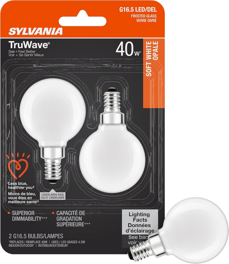 SYLVANIA LED TruWave Natural Series Dcor Globe G 16.5 Light Bulb, 40W Equivalent, 4.5 Efficient, Candelabra Base, Dimmable, 350 Lumens, 2700K, Frosted, Soft White - 2 Pack (40797)