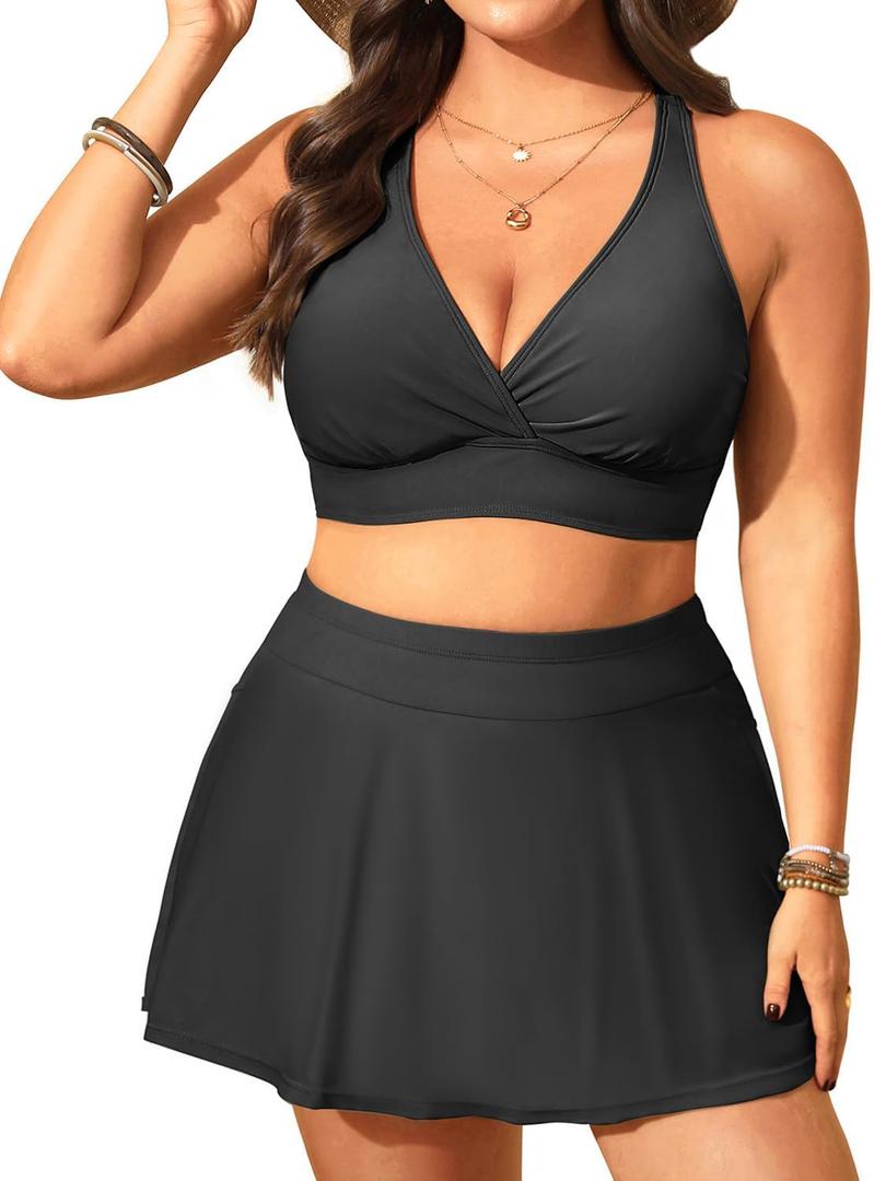 Women's Plus Size High Waisted Bikini - Two Piece Swimsuit with Skirt 2025 Tummy Control Bathing Suit with Pocket (Black), 18W