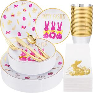 Hioasis 175pcs Easter Plastic Plates, Bunny Plastic Disposable Dinnerware Set Include 25 Dinner Plates, 25 Dessert Plates, 25 Forks, 25 Knives, 25 Spoons, 25 Napkins25 Cups Perfect for Easter Party (Purple)