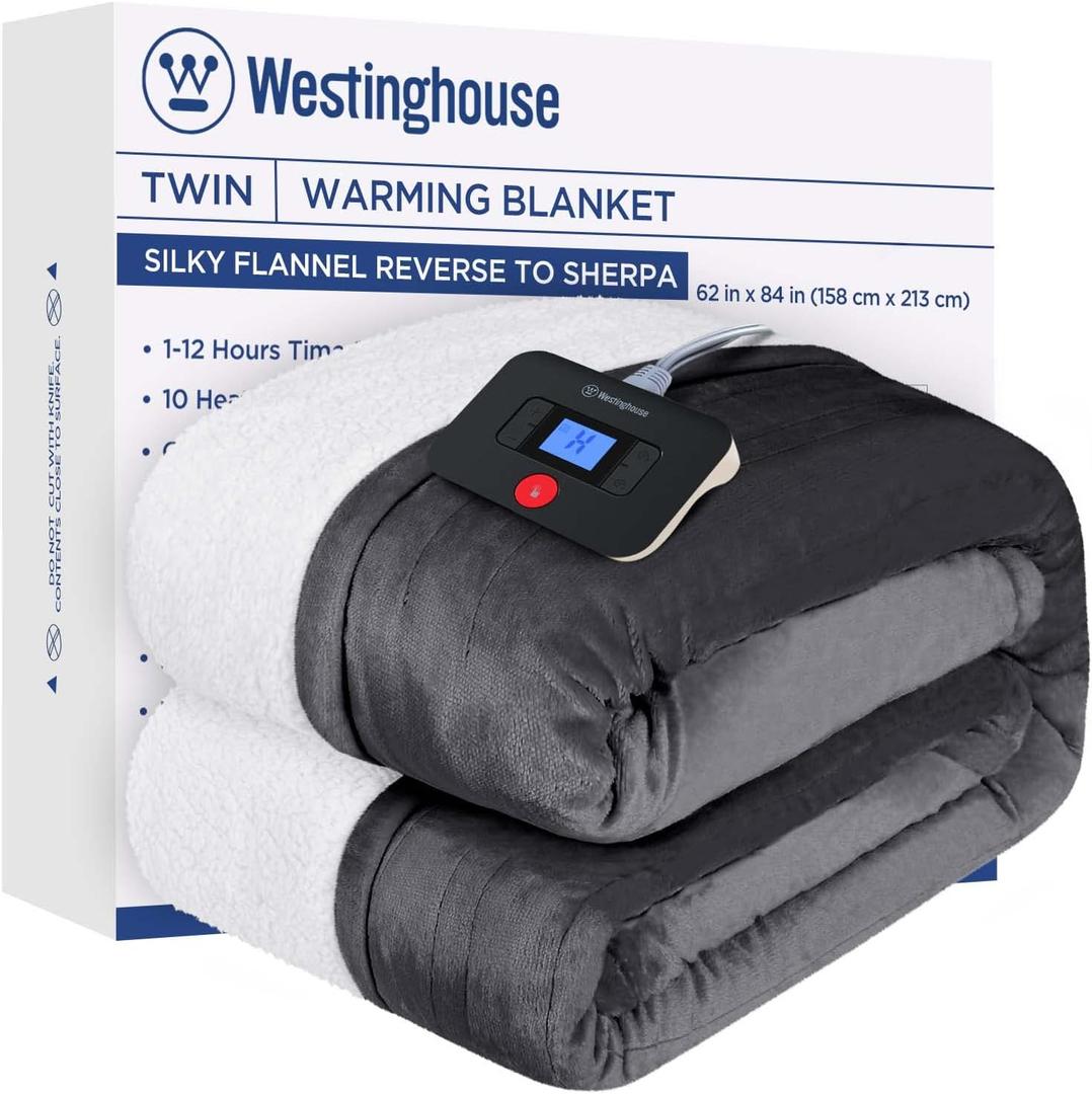 Westinghouse Electric Blanket Twin, Heated Blanket Twin Size with 10 Heating Levels and 1 to 12 Hours Heating Time Settings, Flannel to Sherpa Reversible, Machine Washable (62" x 84", Charcoal)
