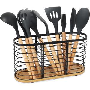 Utensil holder for Kitchen Counter- Large Utensils Holder For Farmhouse Cooking 13.5" x 4.3" x 6.9" with Wooden Base Matte Black Cooking Utensil Holder Spatula Holder Utensil Caddy