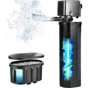 Hypool Aquarium U-V Filter 600GPH for Large 75-300 Gallon Fish Tank Cold Plunge Tub Small Koi Pond Filter Pleated Water Polishing Media, Green Clean Machine Deodorization for Saltwater Freshwater (Black)
