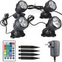 Colored Pond Lights Underwater with Timer, Submersible Fountain Light LED Spotlights Dimmable IP68 Waterproof with Spiked Stand for Outdoor Landscape Pond Fountain (Set of 4), 4 lights in one