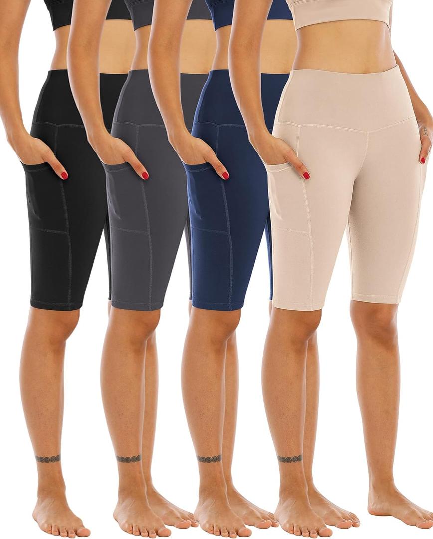 WHOUARE 4 Pack Biker Yoga Shorts with Pockets for Women, High Waisted Athletic Running Workout Gym Shorts Tummy Control, Black, Navy, Dark Gray, Nude, XXL