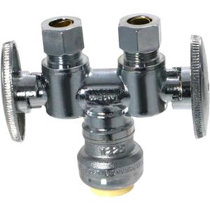 XFITTING Push Fit OD Compressiopn Stop Valve, 1/2" Push Fit x Dual 3/8" OD Compression Straight Valve, Certified to NSF ANSI61- Brass, 1 pack