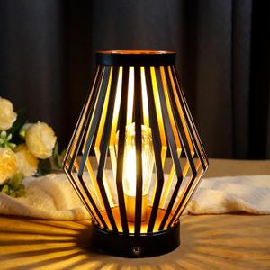 JHY DESIGN Dimmable Touch Bedside Table Lamp 8.5''H Rechargeable Metal Cage Lantern with LED Edison Style Bulb Cordless Accent Lamp for Weddings Parties Patio Events for Indoors Outdoors (Black diamond)
