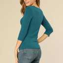 Allegra K Women's V Neck Tops 3/4 Sleeves Solid Knitted Buttons Decor Ruched Blouse (Teal, S)