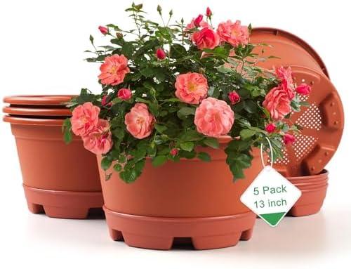 KPUVX Outdoor Flower Pots 5 Packs 13 inch pots for Plants Modern Decorative Garden Pot with Saucer, Lightweight Large Resin Planters for Indoor Plants,Decorative Resin Plant pots