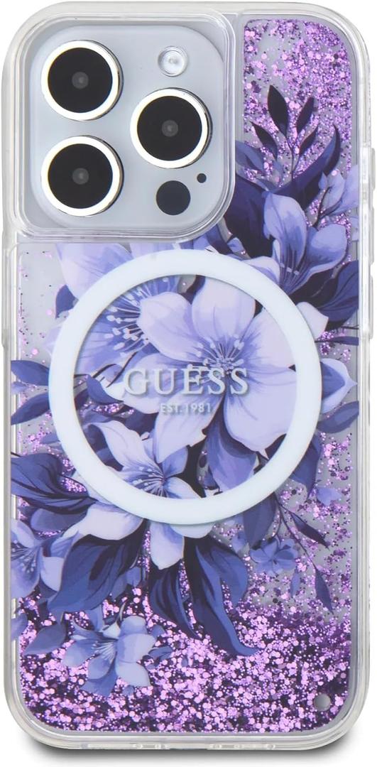 CG MOBILE Guess HC Phone Case Designed for iPhone 16 Pro Max, Durable, Shock Proof, Compatible with Magsafe, LIQ Glitter Flower Case Purple