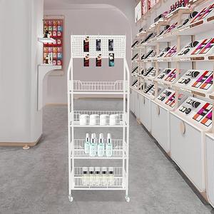 4 Tier Retail Candy Snack Display Rack Metal Storage Shelf with Wheels & Hooks Snack Candy Potato Chip Display Rack Stand for Home Convenience Stores Kitchen White