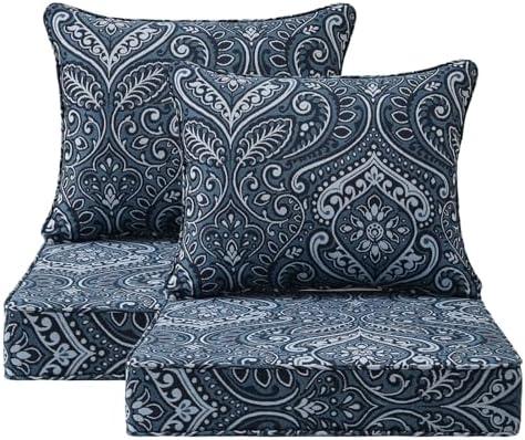 Unimatta Outdoor Patio Chair Cushions Set, 24" x 24", Set of 2, Water-Repellent, Fade Resistant, Deep Seat Bottom and Back Cushion for Backyard, Couch, Sofa and Patio Furniture, Damask Blue Flower