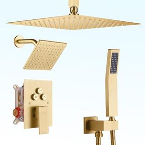 Dual Rainfall Shower Head System, Push Button Shower Faucet Set with 12" Ceiling Mount Rain shower head and 6" Wall Mount Shower Head, Pressure Balance Rough-in Valve (Brushed Gold)