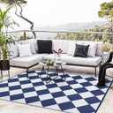 GarveeHome Outdoor Rug 9x12 Waterproof Patio Rug Reversible Plastic Straw Rug Camping Rug Modern Geometric Portable Foldable Large Rugs for RV Porch Balcony Picnic Beach Backyard Dark Blue Diamond