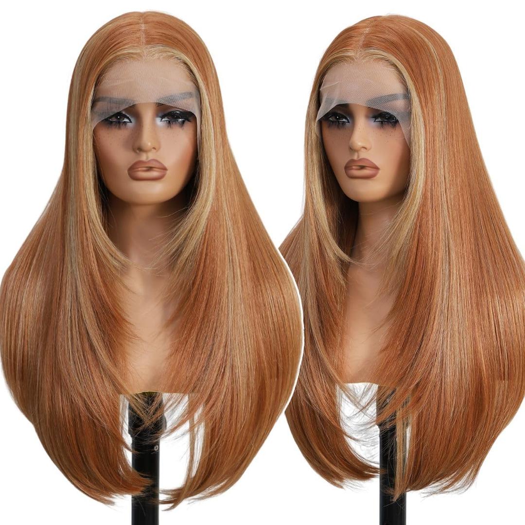 Synthetic Lace Front Wigs Pre Plucked 13x4 Lace Skunk Stripe Blonde Ginger 26 Inch Long Layered Straight Wigs For Women 100% Futura Fiber Ready to Wear Glueless Wig With Bangs Daily Party Use