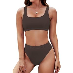 Pink Queen Women's Crop Top High Waisted Cheeky Bikini Set Two Piece Swimsuits (Large, 02 - Dark Brown)